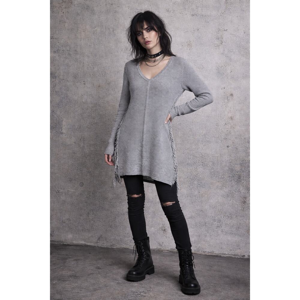 Charlie Paige Tunic Sweater L/XL Gray Frayed Side Boho Lagenlook Grunge